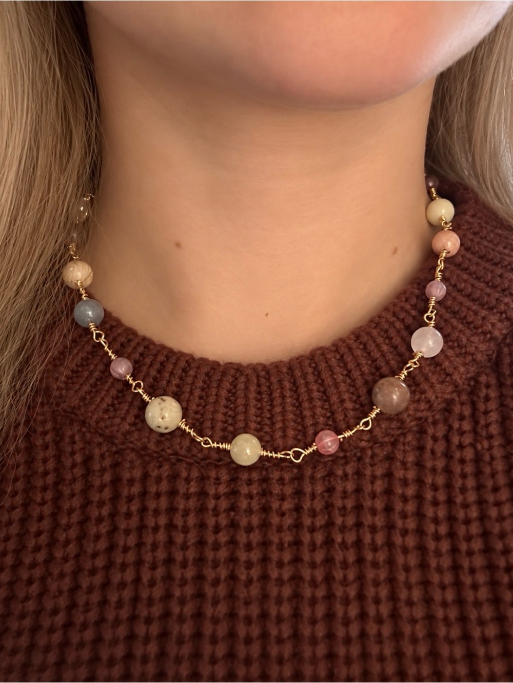 Handmade Gold Chain Necklace with Multicolor Gemstone Beads